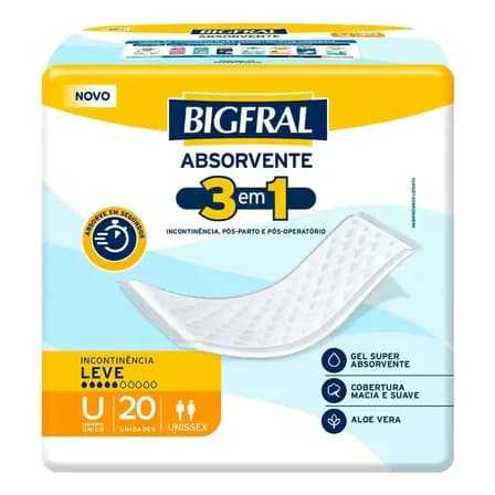 Absorvente Incontinência Urinária Bigfral 3 Em 1 20 Unidades