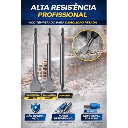 Klm Kit Sds Plus Martelete Ponteiro E Talhadeiras Jogo 3 Peças 20mm E 40mm Compatível Com Todas As Marcas