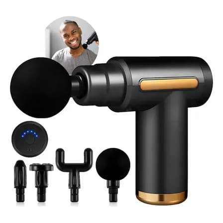 Massageador Pistola Elétrica Profissional Muscular Portátil Aparelho Fisioterapia Corporal, 6 Velocidades 4 Cabeças De Massagem - Loja Gudeltec 127/220v Preto E Dourado