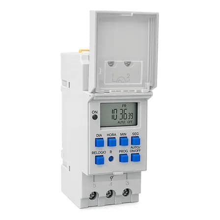 Timer Temporizador Digital Exatron 110v 220v Bivolt 16a Iluminação Na Nf Até 40 Programações Letm4004 Din 35mm Cinza