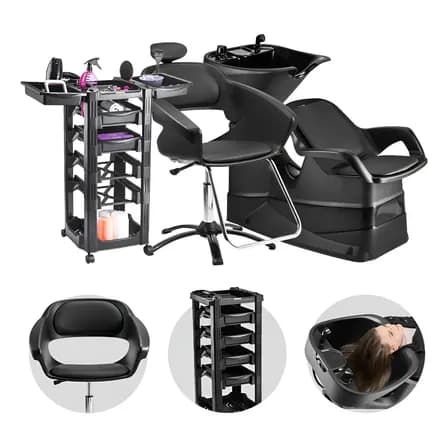 Kit Lavatório De Cabelo Reclinável + Cadeira Primma Com Apoio De Cabeça + Carrinho Auxiliar Com Gavetas Dompel Móveis Salão De Beleza Barbearia Preto
