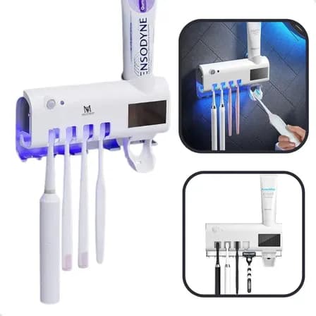 Suporte Porta Escova Dentes Dispenser Pasta Esterelizador Luz Uv De Parede Autocolante Automatico Estereliza Para 4 Escovas Prestobarba Banheiro Pasta Creme Dental Higienico Cor Branco