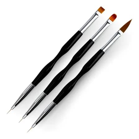 Kit 3 Pincéis 2 Pontas Unhas Gel Acrigel Decoração Nail Art Manicure Acabamento Profissional Ponta Dupla Preto