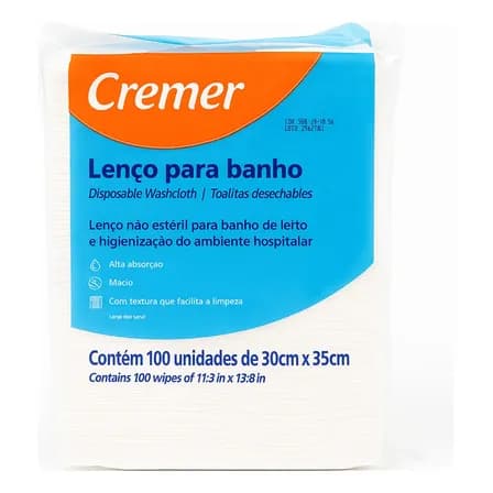 Lenço P/ Banho 30cm X 35cm - Pacote C/ 100 Und - Marca Cremer Branco Liso