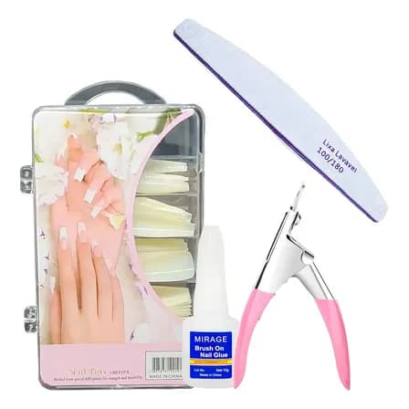 Kit Unhas Tips Postiças Realistas 100 Unidades Quadrada Rosa Cs Rosa-pálido